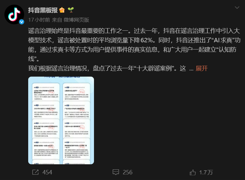 抖音AI大模型治理谣言成效显著