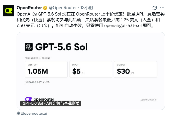 OpenRouter宣布GPT-5.6Sol调用费用减半 封面图