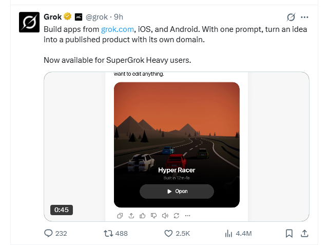 Grok上线Build模式零代码生成完整应用 封面图